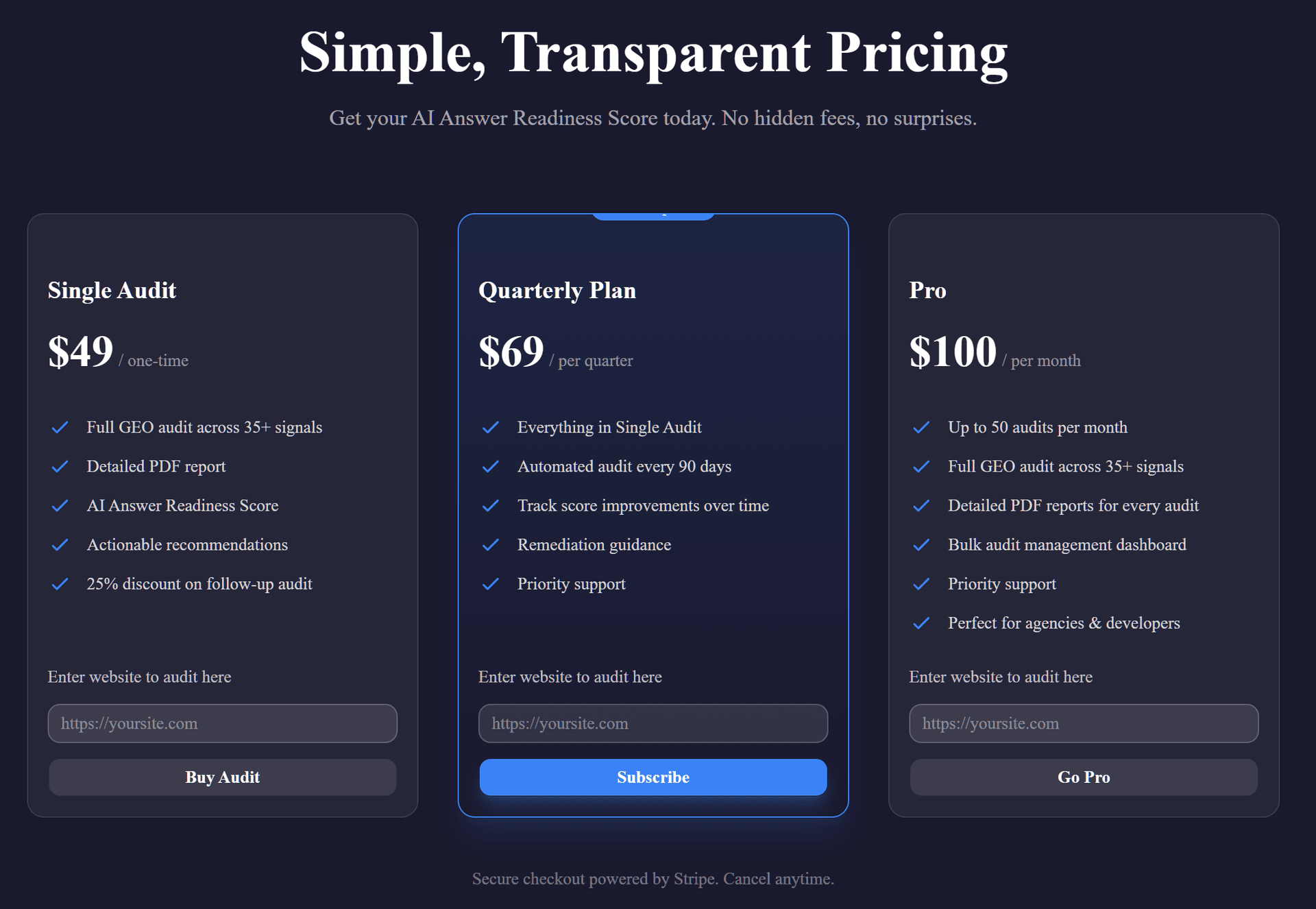 CiteCrawl pricing page showing three plan options